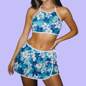 1990s Vintage Floral Hawaiian Blue Halter Top & Wrap Skirt Swim Set